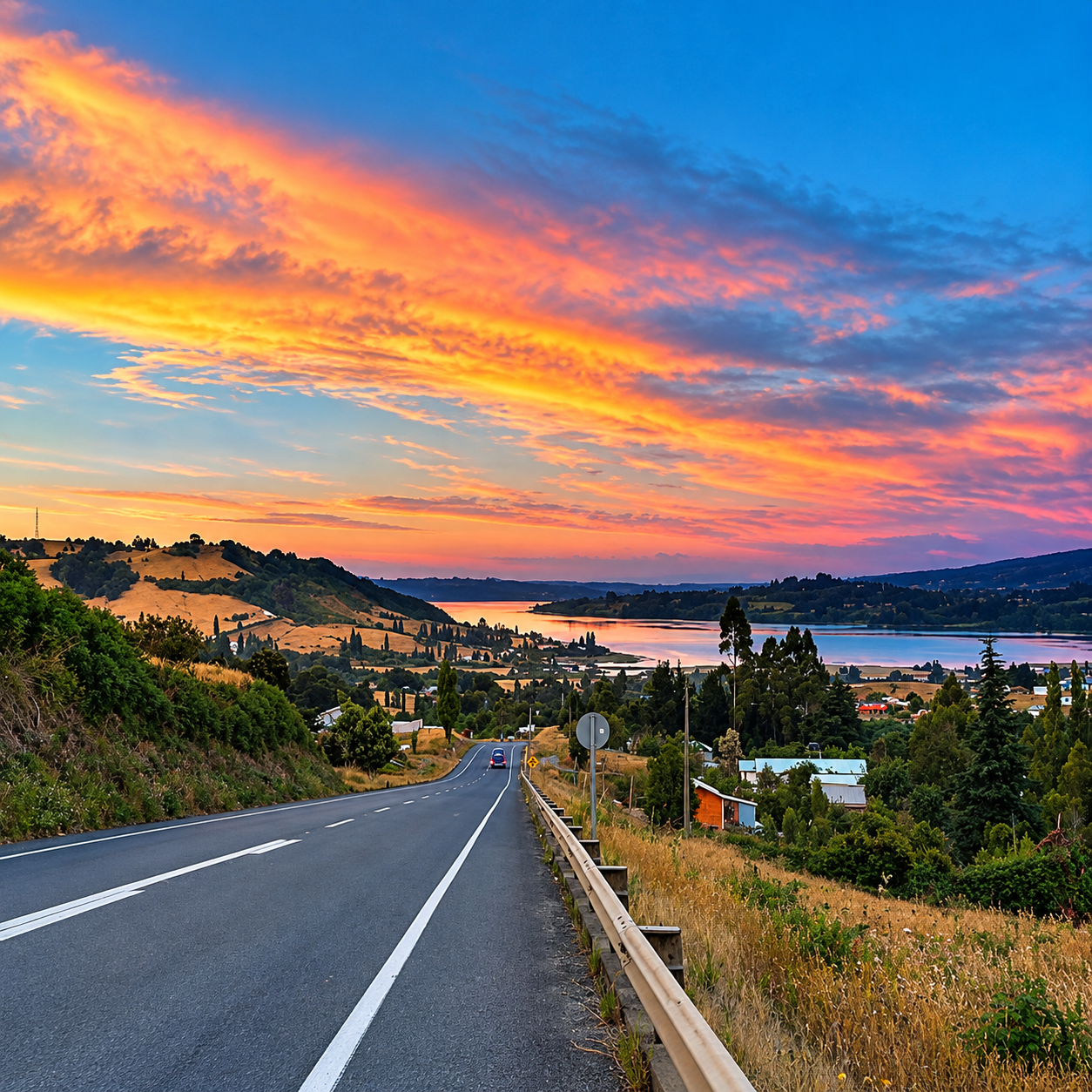 Atardecer en ruta de Chiloé